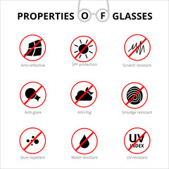 Vector eye care, glasses properties, ophthalmology infographics. Optometry Icons. Sun glasses, driver's glasses