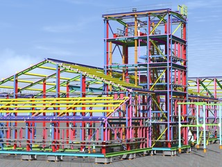 Fototapeta na wymiar Construction of metal buildings. Engineering background. Construction background. 3D rendering.