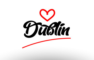 dublin word text of european city with red heart for tourism promotio