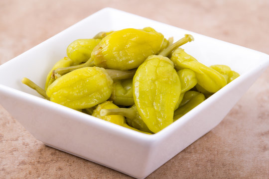 pickled golden greek pepper or friggitelli pepper