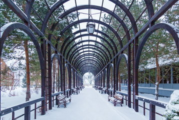 Metal arch in the park in the winter, on the sides are benches. Metal arch in the park.
