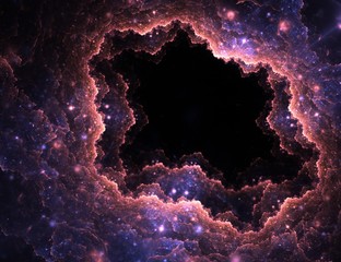 Obraz premium Streszczenie podświetlane fraktalna chmury dziura z flary obiektywu na czarnym tle. Sztuka fraktalna