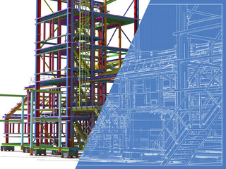 Construction of metal buildings, model and blueprint. Engineering background. Construction background. 3D rendering.