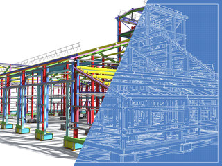 Construction of metal buildings, model and blueprint. Engineering background. Construction background. 3D rendering.