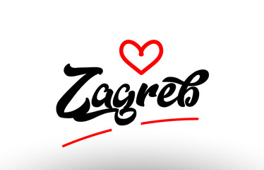 zagreb word text of european city with red heart for tourism promotio