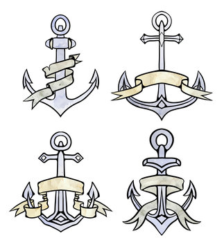 Set of vintage multicolored anchors with paper ribbon. Hand drawn watercolor illustration. Vector element for tattoos, print for t-shirts, coloring, emblems and for your design.
