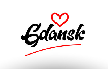 gdansk word text of european city with red heart for tourism promotio