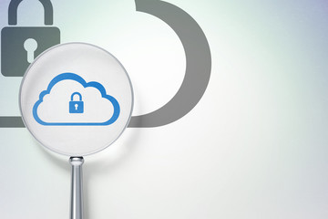 Cloud networking concept: magnifying optical glass with Cloud With Padlock icon on digital background, empty copyspace for card, text, advertising, 3D rendering