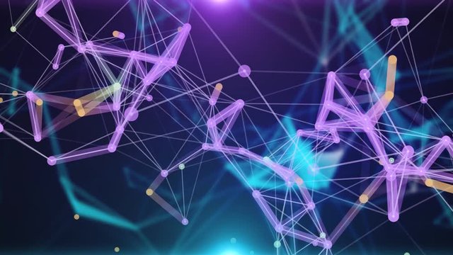 Plexus of abstract blue and violet geometrical lines with moving triangles and dots оn a black background. Loop animations.