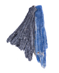 Well defined black Kyanite fan and Semi-translucent gem quality  blue Kyanite blade from Brazil, isolated on white background 