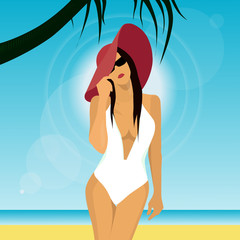 Woman sunbathing on the beach. Beautiful girl with red hat. Portrait of young pretty woman in white bikini.
