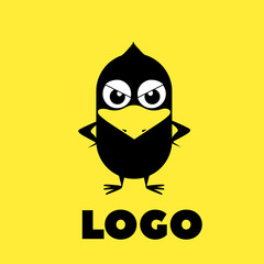 Black bird on yellow background logotype design. Crow logo. Raven logotype.