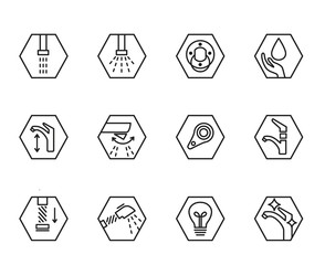 Obraz premium Plumbing, sewerage, pipe, faucet thin line vector icons set