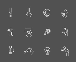 Plumbing, sewerage, pipe, faucet thin line vector icons set