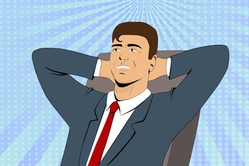 Businessman in a business suit resting in armchair, throwing his hands behind his head pop art style vector illustration. Manager relaxing retro style.

