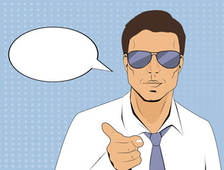 Handsome man in in shirt and tie and sunglasses pop art style. Retro style illustration. Businessman points with his finger.
