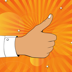 Like gesture pop art vector illustration.  Finger up sign. "I like it" symbol retro style illustration on orange background.
