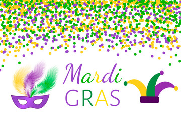 Fototapeta premium Mardi Gras carnival vector background with green, purple and yellow confetti. Easy to edit design template for your projects.
