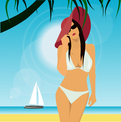 Woman sunbathing on the beach. Beautiful girl with red hat. Portrait of young pretty woman in white bikini.
