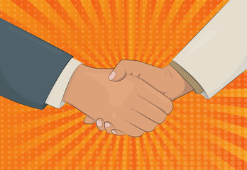 Handshake retro style vector illustration. Business man shaking hands. Strong and firm handshake clap. Pop art style illustration.
