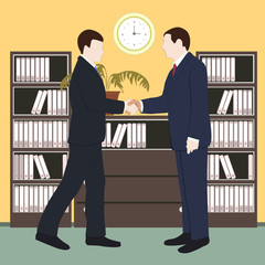 Handshake in office vector illustration. Business man shaking hands. Strong and firm handshake clap. People in office