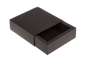 Open black box, slide. Shopping gift product, isolated on white
