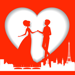 Bride and groom silhouette on Background of Paris vector illustration. Newlyweds against the background of hearts. Paper style card design.
