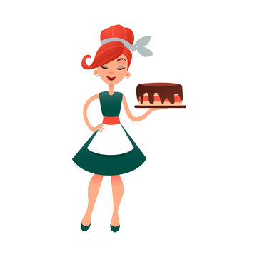 Funny cartoon housewife with cake. Happy vector homemaker with bakery product. Beautiful woman in old retro style. Young lady baking pie