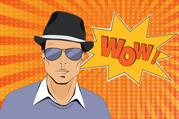 Young handsome man in hat and sunglasses pop art style. Retro style illustration.
