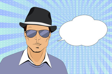 Young handsome man in hat and sunglasses pop art style. Retro style illustration.
