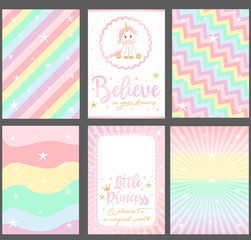 Set of colored pastel vector cards for party invitation. Rainbow background."Unicorn" baby shower. Slogan: "Believe in your dreams. Little princess. Welcome in magical world". Pink text and gold crown © Alona Khadzhyoglo