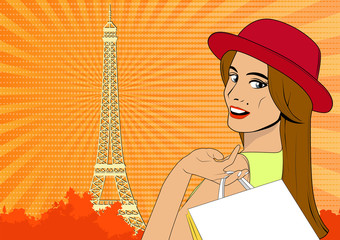 Fashion woman model in red hat with bag in Paris pop art vector illustration.   Beautiful woman shopping. Girl holding a bag in her hand against the background of the Eiffel Tower retro style. 
