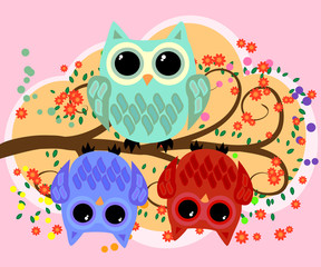 Obraz premium Happy family of owls on flowering tree branches. Daddies, mothers and children, grandparents. Spring, summer, honeymoon season