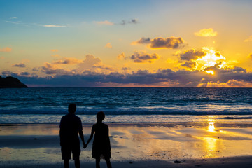 The rear view silhouette of a loving couple holding hands during sunset on a beach. 