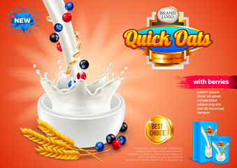 Oatmeal ads. Pouring milk and berries. 3d illustration and packaging