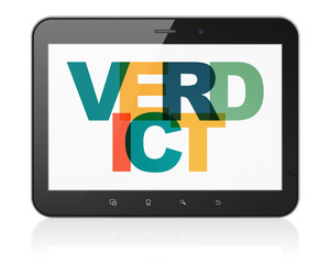 Law concept: Tablet Computer with Painted multicolor text Verdict on display, 3D rendering