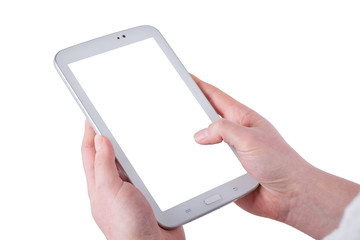 Tablet in women hands on a white background