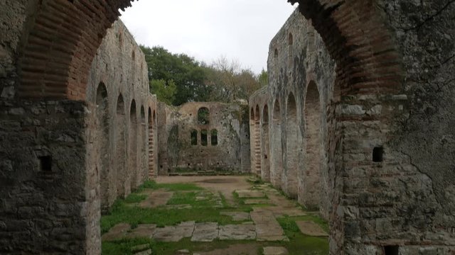 Albania, Butrint. Remains of an ancient Town Buthrotum. Basilica. Pan. UNESCO World Heritage Site. December 2017 