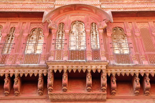 Details of colorful Haveli buildings inside the Old City of Bikaner, Rajasthan, India