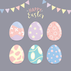 Happy Easter eggs set with different texture on purple pastel background.