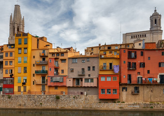 Girona. Multi-colored facades of houses on the river Onyar.