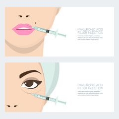 Hyaluronic acid facial injection, vector banner design template. Lips, eyes periorbital filler injection. Beauty, cosmetology, anti-aging concept. Female rejuvenating mesotherapy.
