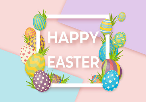 Happy easter template with white frame and eggs. Vector card with eggs and grass