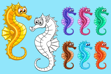 Set seven colorful sea horses on blue