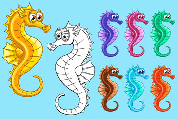 Fototapeta premium Set seven colorful sea horses on blue