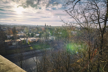 Panoramic view from the bridge over the river and the city of Cieszyn at sunset in autumn