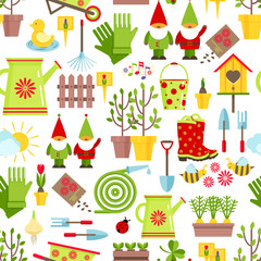 Fototapeta na wymiar Spring and gardening seamless pattern. Tools, decorations and seasonal symbols of spring on a white background. Cartoon flat style vector illustration.