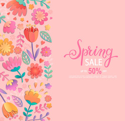 Spring sale banner with lettering on pink background with beautiful flowers on the left side and place for your text on the right. Vector illustration template, card, banner, poster, voucher discount.