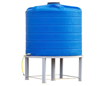 Blue plastic water storage tank on white background