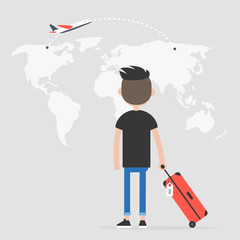 Young male traveler looking at the map, back view. Flight. Destination. Tourism. Flat editable vector illustration, clip art
